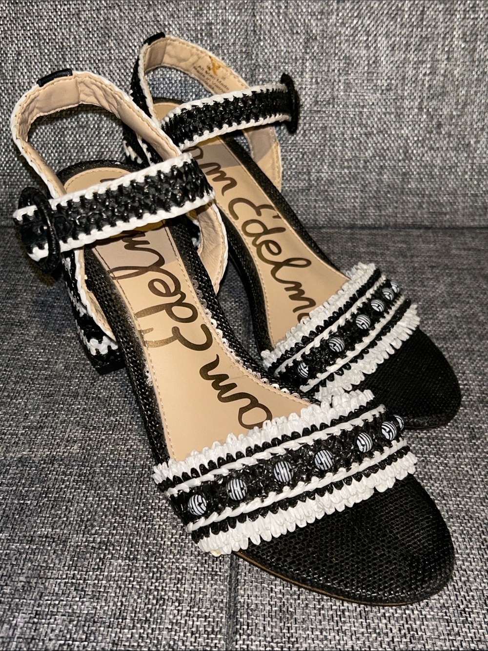 Sam Edelman OLISA- Raffia Block Heel Sandal in black and white